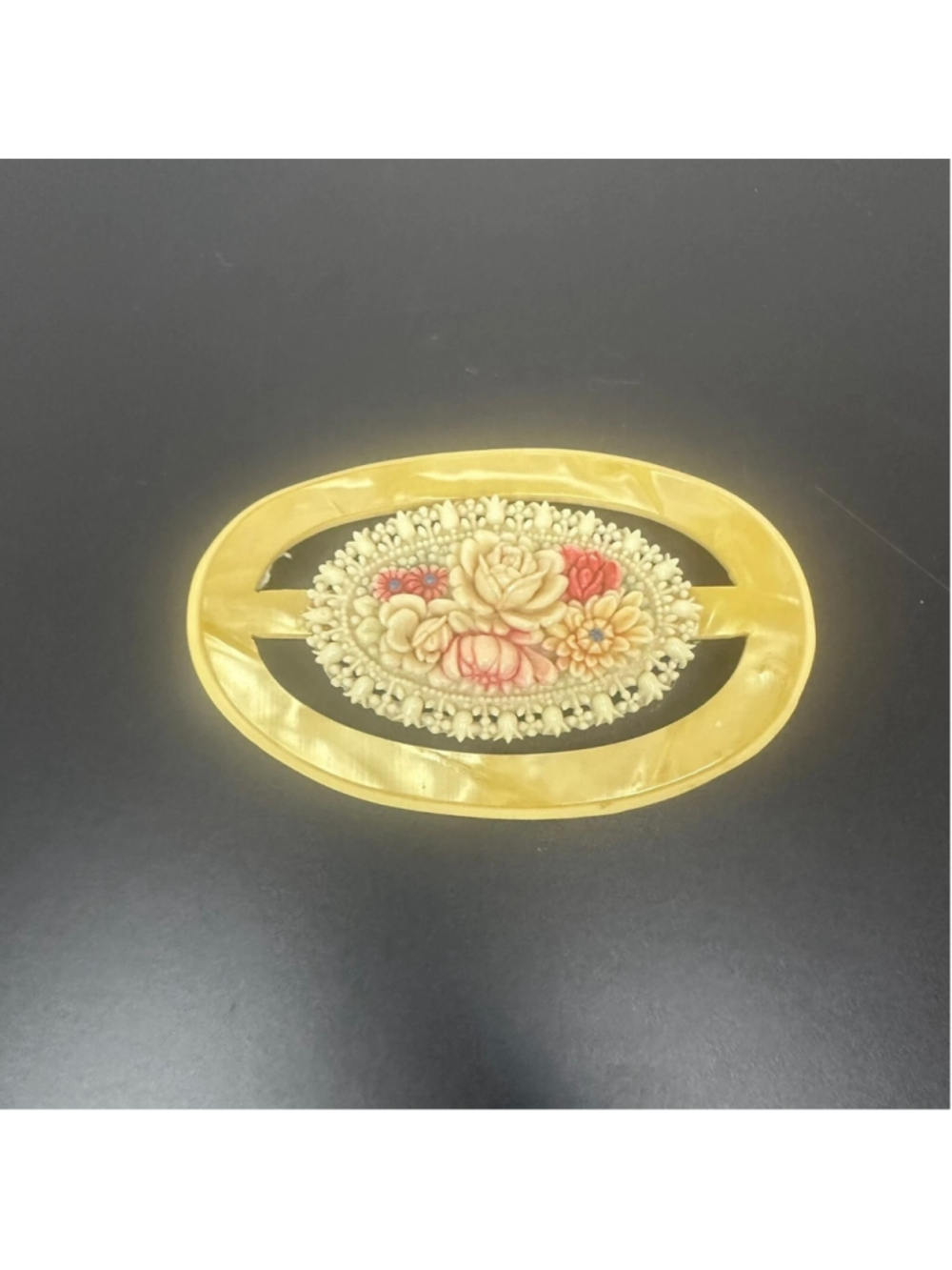 Vintage Celluloid Oval Floral Brooch Pin Yellow Swirl Frame Molded Roses